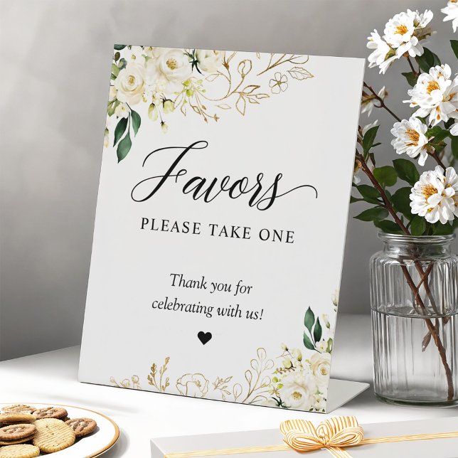 Favors Please Take One Gold Green White Floral Pedestal Sign (Creator Uploaded)