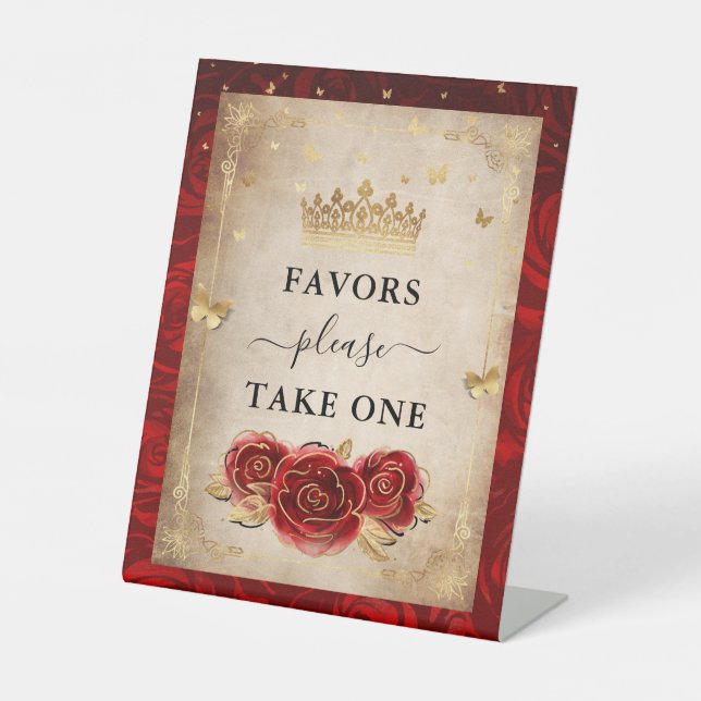 Favors Please Take One Red Roses Gold Crown Pedestal Sign (Front)