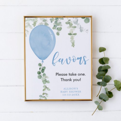 Favors sign blue balloons greenery baby shower