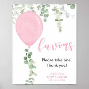 Favors sign pink balloons greenery baby shower