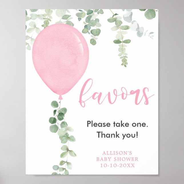 Favors sign pink balloons greenery baby shower (Front)