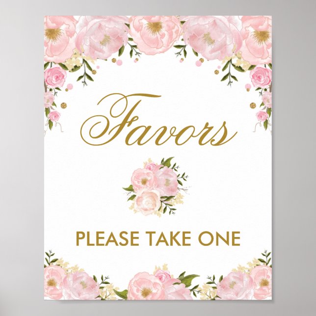 Favors Sign Pink Gold Flower Wedding Bridal Shower (Front)