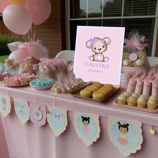 Favors Table Cute Girl Purple Bear Baby Shower Poster (Creator Uploaded)