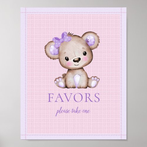 Favors Table Cute Girl Purple Bear Baby Shower Poster