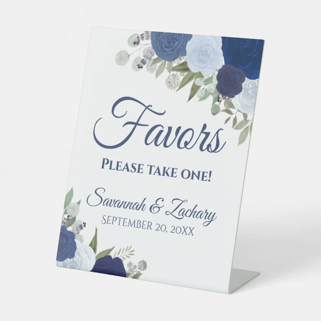 Favors Take One Blue Boho Roses Wedding Pedestal Sign (Front)