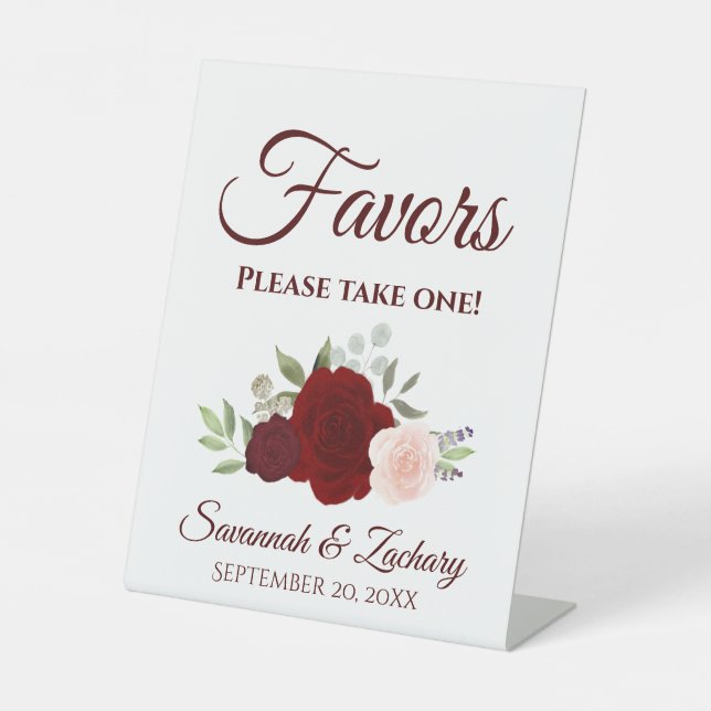 Favors Take One Burgundy Red & Pink Roses Wedding Pedestal Sign (Front)