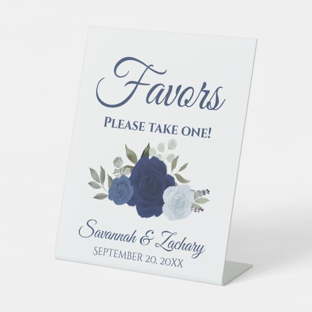 Favors Take One Cluster of Blue Roses Wedding Pedestal Sign (Front)
