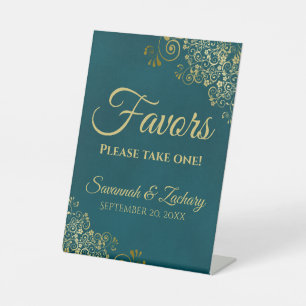 Favors Take One Dark Teal & Gold Wedding Pedestal Sign