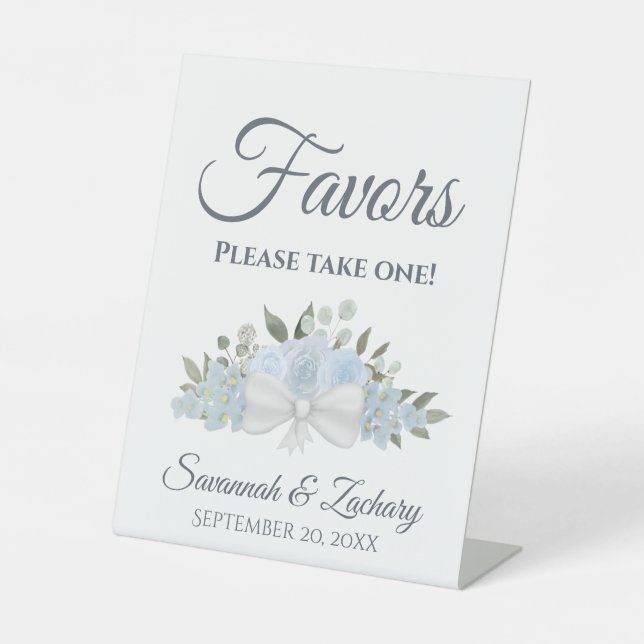 Favors Take One Dusty Blue Boho Roses Wedding Pedestal Sign (Front)
