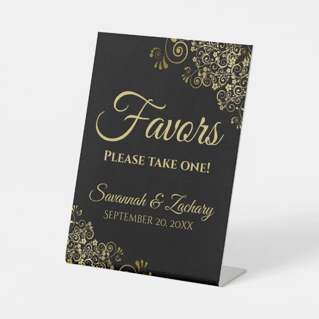 Favors Take One Elegant Black & Gold Wedding Pedestal Sign (Front)