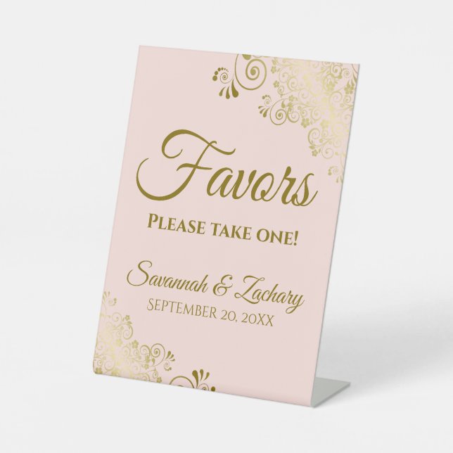Favors Take One Elegant Blush Pink & Gold Wedding Pedestal Sign (Front)