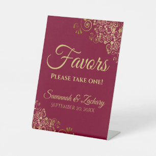 Favors Take One Elegant Burgundy & Gold Wedding Pedestal Sign