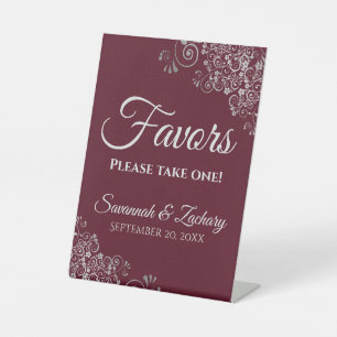 Favors Take One Elegant Burgundy & Silver Wedding Pedestal Sign