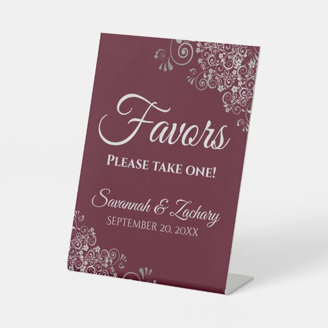Favors Take One Elegant Burgundy & Silver Wedding Pedestal Sign (Front)