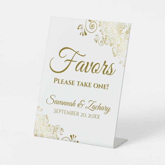 Favors Take One Elegant Gold & White Wedding Pedestal Sign (Front)
