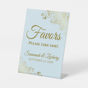 Favors Take One Elegant Light Blue & Gold Wedding Pedestal Sign