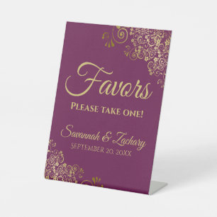 Favors Take One Elegant Magenta & Gold Wedding Pedestal Sign