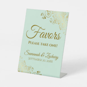 Favors Take One Elegant Mint Green & Gold Wedding Pedestal Sign