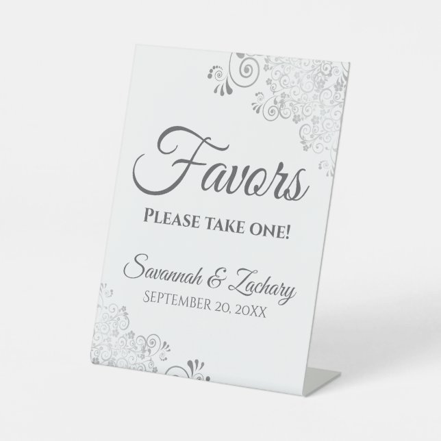 Favors Take One Elegant Silver & White Wedding Pedestal Sign (Front)