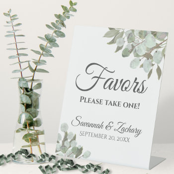 Favors Take One Eucalyptus & Greenery Wedding Pedestal Sign by ZingerBug at Zazzle