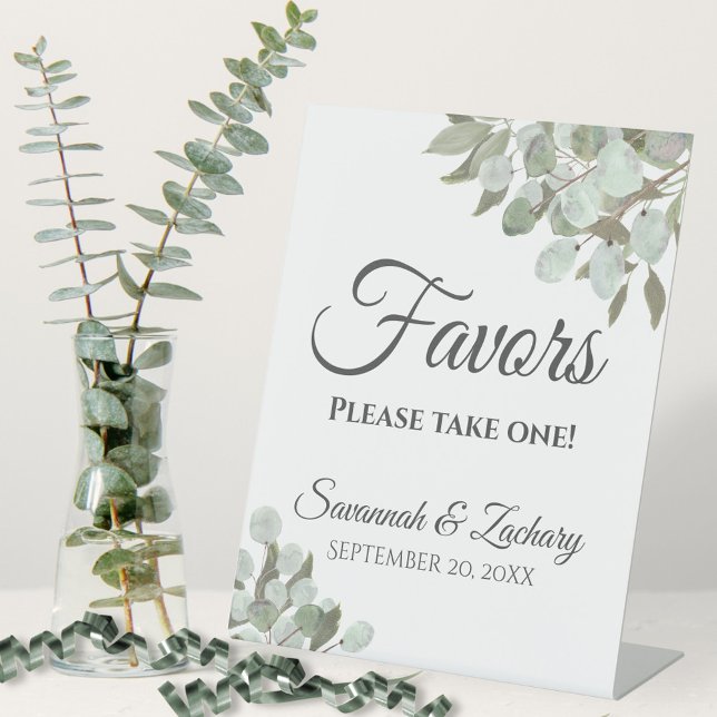 Favors Take One Eucalyptus & Greenery Wedding Pedestal Sign (In Situ with Plant and Ribbons)
