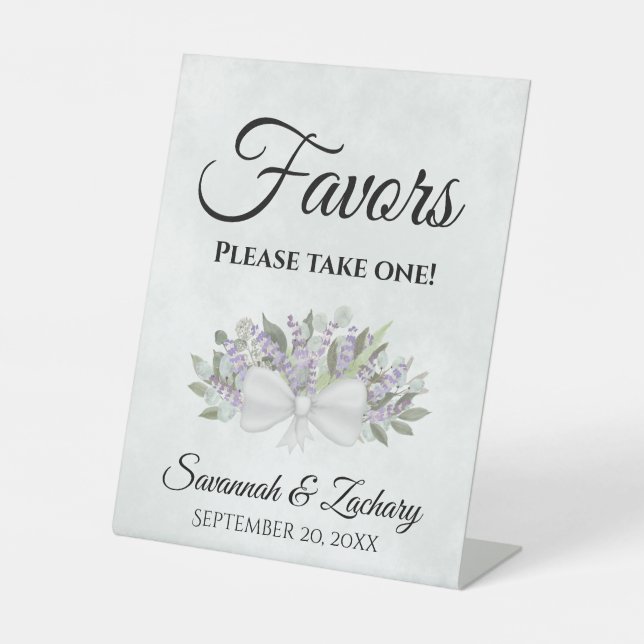 Favors Take One Eucalyptus & Lavender Wedding Pedestal Sign (Front)