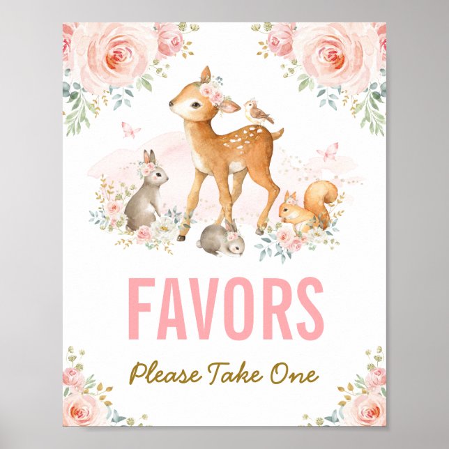 Favors Take One / Pink Floral Woodland Animals Poster (Front)
