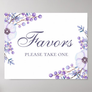 Favors take one. Purple flowers wedding sign