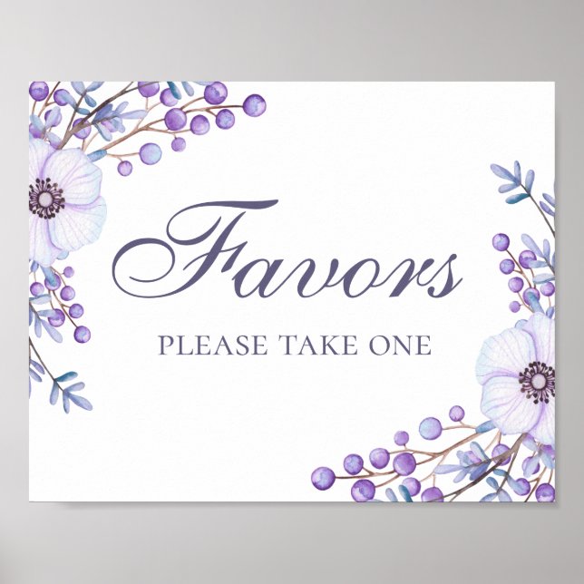 Favors take one. Purple flowers wedding sign (Front)