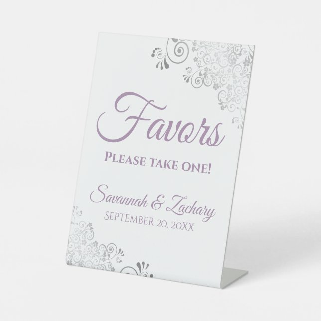Favors Take One Silver Lavender & White Wedding Pedestal Sign (Front)