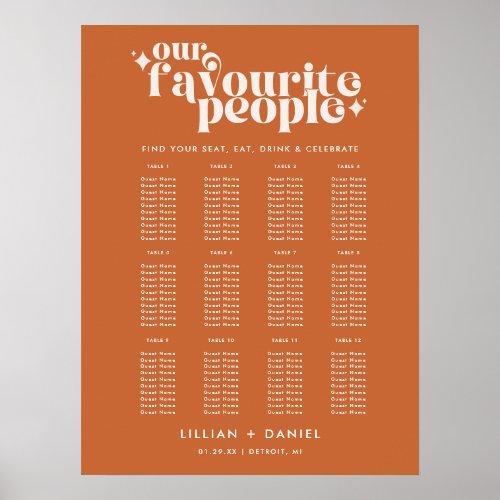 Favourite People Retro Wedding Seating Chart
