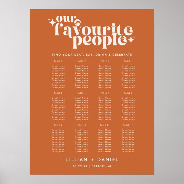 Favourite People Retro Wedding Seating Chart (Front)