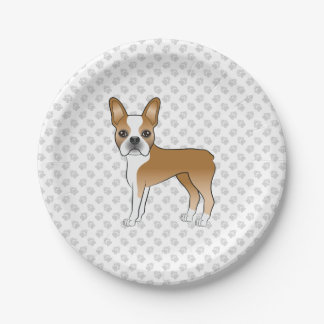 Fawn Adorable Boston Terrier Cartoon Dog &amp; Paws Paper Plates
