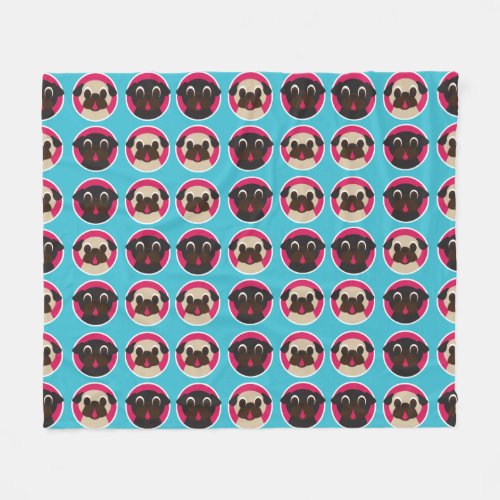 Fawn and Black Pugs in Circles on Ocean Blue Fleece Blanket