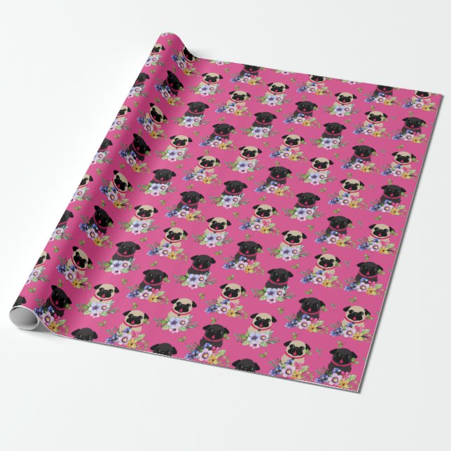 Fawn and Black Pugs In Flowers on Pink Gift Wrapping Paper (Unrolled)
