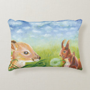 Fawn and Squirrel Spring Meadow Illustration Accent Pillow