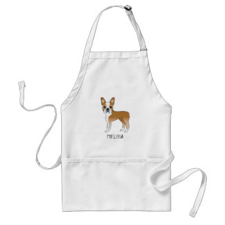 Fawn And White Boston Terrier Cartoon Dog &amp; Name Adult Apron