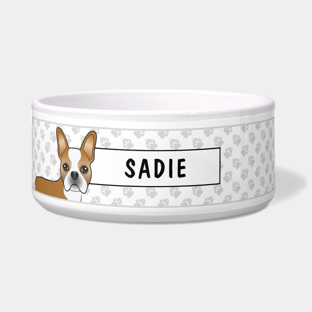 Fawn And White Boston Terrier Cartoon Dog & Name Bowl (Front)