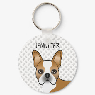 Fawn And White Boston Terrier Cartoon Dog &amp; Name Keychain