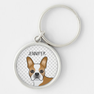 Fawn And White Boston Terrier Cartoon Dog & Name Keychain