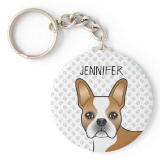 Fawn And White Boston Terrier Cartoon Dog &amp; Name Keychain
