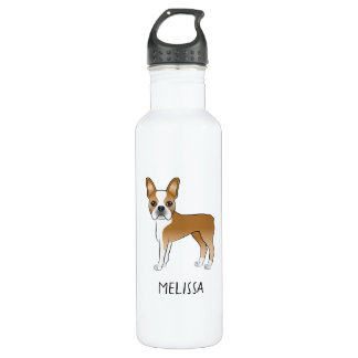 Fawn And White Boston Terrier Cartoon Dog &amp; Name Stainless Steel Water Bottle