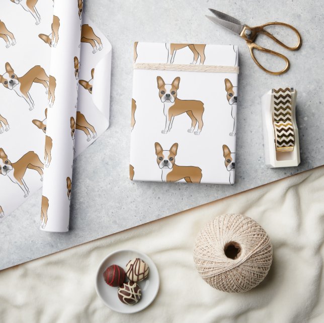 Fawn And White Boston Terrier Cartoon Dog Pattern Wrapping Paper (Crafts)