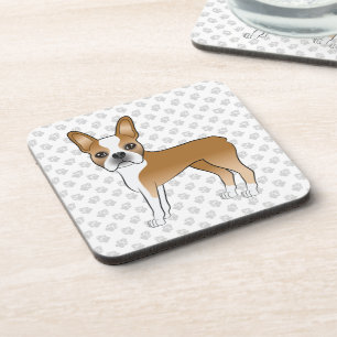 Fawn And White Boston Terrier Cartoon Dog & Paws Beverage Coaster