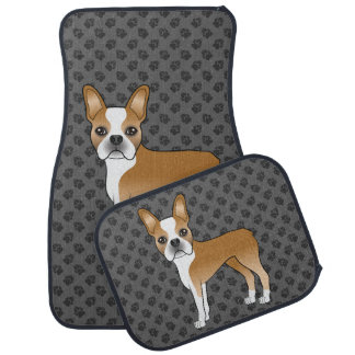 Fawn And White Boston Terrier Cartoon Dog &amp; Paws Car Floor Mat