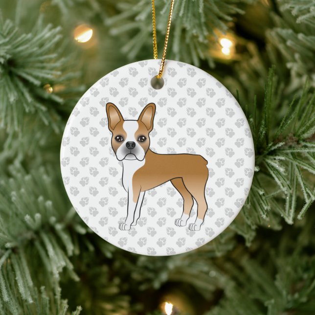 Fawn And White Boston Terrier Cartoon Dog & Paws Ceramic Ornament (Tree)