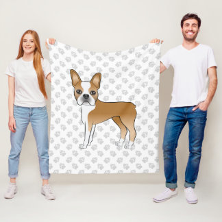 Fawn And White Boston Terrier Cartoon Dog &amp; Paws Fleece Blanket