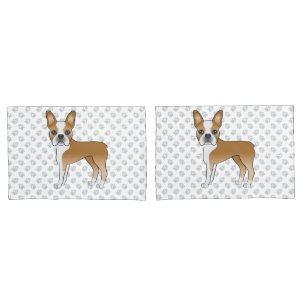 Fawn And White Boston Terrier Cartoon Dog & Paws Pillow Case
