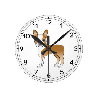 Fawn And White Boston Terrier Dog Illustration Round Clock