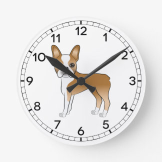 Fawn And White Boston Terrier Dog Illustration Round Clock